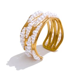 Yhpup 53mm Simulated Pearls Big Cuff Wide Bracelet Bangle 18K PVD Plated Stainless Steel Arrivals Elegance Open Wrist Jewelry