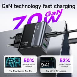 HOCO GaN 70W EU Plug Phone Charger For Samsung S25 S24 Dual USB C PD QC Quick Charging Wall Adapter For iPhone 16/15/14 Pro Max