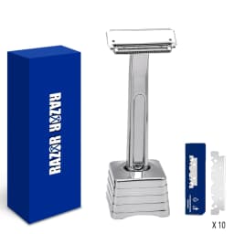 Twin Blade Safety Razor Old-Fashioned Metal Half Guard Blade Design for Men's Body Shaving Safety Razor Includes Matching Stand