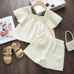 Leisure Vacation Style Children's Suit Solid Color Flower Embroidery Square Neck Short Sleeved Top+shorts Two-piece Set Summer