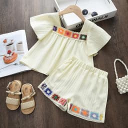 Leisure Vacation Style Children's Suit Solid Color Flower Embroidery Square Neck Short Sleeved Top+shorts Two-piece Set Summer