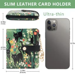 Black Cat Floral Pattern Rfid Women's Wallet, Ultra-Thin Compact Credit Card Wallet, with Keychain, Pu Leather Bi-Fold with Zipper Coin Pocket, Transparent Id Window, Suitable for Women/Girls