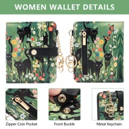 Black Cat Floral Pattern Rfid Women's Wallet, Ultra-Thin Compact Credit Card Wallet, with Keychain, Pu Leather Bi-Fold with Zipper Coin Pocket, Transparent Id Window, Suitable for Women/Girls