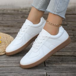Ladies' casual white sports shoes - lace up, low cut, breathable fabric, comfortable all year round