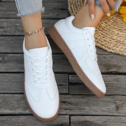 Ladies' casual white sports shoes - lace up, low cut, breathable fabric, comfortable all year round