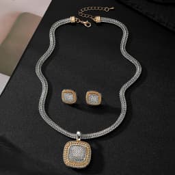Zircon Necklace Set Geometric Square Shape Pendant Earrings Copper Plated 18K Gold Jewelry Set