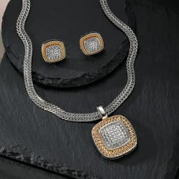 Zircon Necklace Set Geometric Square Shape Pendant Earrings Copper Plated 18K Gold Jewelry Set
