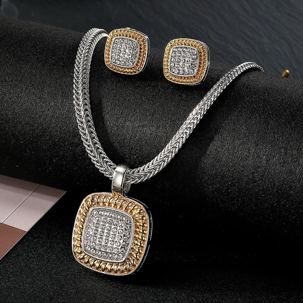 Zircon Necklace Set Geometric Square Shape Pendant Earrings Copper Plated 18K Gold Jewelry Set