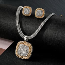 Zircon Necklace Set Geometric Square Shape Pendant Earrings Copper Plated 18K Gold Jewelry Set