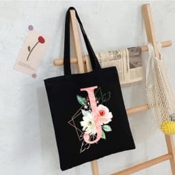Black Floral Alphabet Canvas Tote Bag Vintage Aesthetic Shoulder Bag for Women Students Large Capacity Book Handbag Eco-friendly