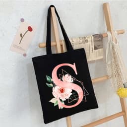 Black Floral Alphabet Canvas Tote Bag Vintage Aesthetic Shoulder Bag for Women Students Large Capacity Book Handbag Eco-friendly