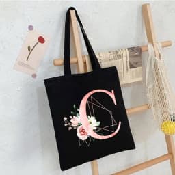Black Floral Alphabet Canvas Tote Bag Vintage Aesthetic Shoulder Bag for Women Students Large Capacity Book Handbag Eco-friendly