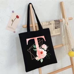 Black Floral Alphabet Canvas Tote Bag Vintage Aesthetic Shoulder Bag for Women Students Large Capacity Book Handbag Eco-friendly