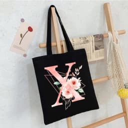 Black Floral Alphabet Canvas Tote Bag Vintage Aesthetic Shoulder Bag for Women Students Large Capacity Book Handbag Eco-friendly