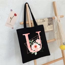 Black Floral Alphabet Canvas Tote Bag Vintage Aesthetic Shoulder Bag for Women Students Large Capacity Book Handbag Eco-friendly