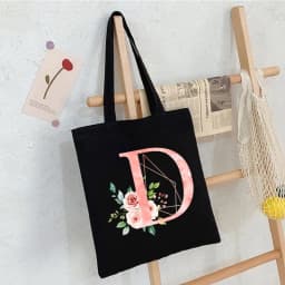 Black Floral Alphabet Canvas Tote Bag Vintage Aesthetic Shoulder Bag for Women Students Large Capacity Book Handbag Eco-friendly