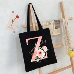 Black Floral Alphabet Canvas Tote Bag Vintage Aesthetic Shoulder Bag for Women Students Large Capacity Book Handbag Eco-friendly