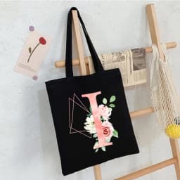 Black Floral Alphabet Canvas Tote Bag Vintage Aesthetic Shoulder Bag for Women Students Large Capacity Book Handbag Eco-friendly