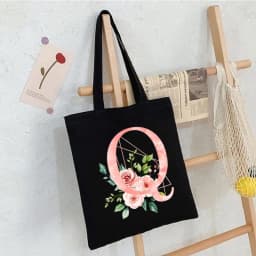 Black Floral Alphabet Canvas Tote Bag Vintage Aesthetic Shoulder Bag for Women Students Large Capacity Book Handbag Eco-friendly