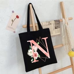 Black Floral Alphabet Canvas Tote Bag Vintage Aesthetic Shoulder Bag for Women Students Large Capacity Book Handbag Eco-friendly