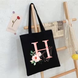 Black Floral Alphabet Canvas Tote Bag Vintage Aesthetic Shoulder Bag for Women Students Large Capacity Book Handbag Eco-friendly