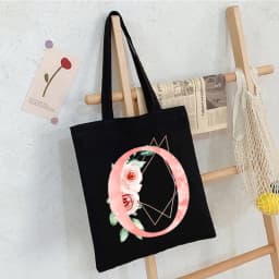 Black Floral Alphabet Canvas Tote Bag Vintage Aesthetic Shoulder Bag for Women Students Large Capacity Book Handbag Eco-friendly