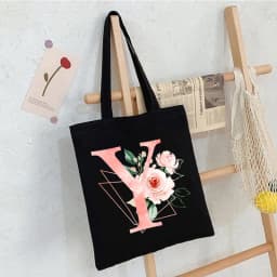 Black Floral Alphabet Canvas Tote Bag Vintage Aesthetic Shoulder Bag for Women Students Large Capacity Book Handbag Eco-friendly