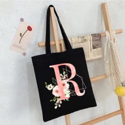 Black Floral Alphabet Canvas Tote Bag Vintage Aesthetic Shoulder Bag for Women Students Large Capacity Book Handbag Eco-friendly