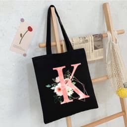 Black Floral Alphabet Canvas Tote Bag Vintage Aesthetic Shoulder Bag for Women Students Large Capacity Book Handbag Eco-friendly