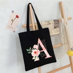 Black Floral Alphabet Canvas Tote Bag Vintage Aesthetic Shoulder Bag for Women Students Large Capacity Book Handbag Eco-friendly