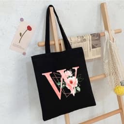 Black Floral Alphabet Canvas Tote Bag Vintage Aesthetic Shoulder Bag for Women Students Large Capacity Book Handbag Eco-friendly