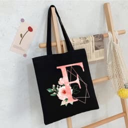 Black Floral Alphabet Canvas Tote Bag Vintage Aesthetic Shoulder Bag for Women Students Large Capacity Book Handbag Eco-friendly