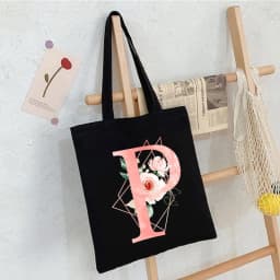 Black Floral Alphabet Canvas Tote Bag Vintage Aesthetic Shoulder Bag for Women Students Large Capacity Book Handbag Eco-friendly