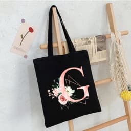 Black Floral Alphabet Canvas Tote Bag Vintage Aesthetic Shoulder Bag for Women Students Large Capacity Book Handbag Eco-friendly