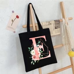 Black Floral Alphabet Canvas Tote Bag Vintage Aesthetic Shoulder Bag for Women Students Large Capacity Book Handbag Eco-friendly