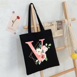 Black Floral Alphabet Canvas Tote Bag Vintage Aesthetic Shoulder Bag for Women Students Large Capacity Book Handbag Eco-friendly