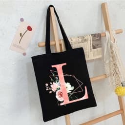 Black Floral Alphabet Canvas Tote Bag Vintage Aesthetic Shoulder Bag for Women Students Large Capacity Book Handbag Eco-friendly