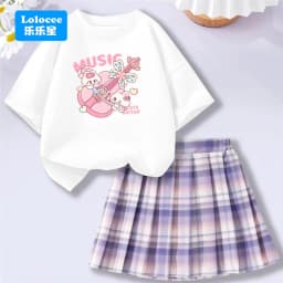 Kids' Summer School Outfit - Kawii Bunny & Strawberry T-Shirt Top + Plaid Skirt 2 Piece Set Fashion Girls Clothes
