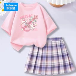Kids' Summer School Outfit - Kawii Bunny & Strawberry T-Shirt Top + Plaid Skirt 2 Piece Set Fashion Girls Clothes