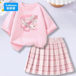 Kids' Summer School Outfit - Kawii Bunny & Strawberry T-Shirt Top + Plaid Skirt 2 Piece Set Fashion Girls Clothes