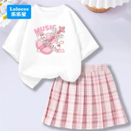 Kids' Summer School Outfit - Kawii Bunny & Strawberry T-Shirt Top + Plaid Skirt 2 Piece Set Fashion Girls Clothes
