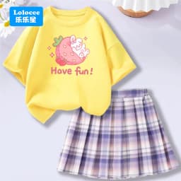 Kids' Summer School Outfit - Kawii Bunny & Strawberry T-Shirt Top + Plaid Skirt 2 Piece Set Fashion Girls Clothes