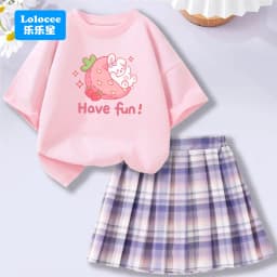 Kids' Summer School Outfit - Kawii Bunny & Strawberry T-Shirt Top + Plaid Skirt 2 Piece Set Fashion Girls Clothes