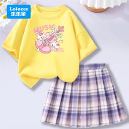 Kids' Summer School Outfit - Kawii Bunny & Strawberry T-Shirt Top + Plaid Skirt 2 Piece Set Fashion Girls Clothes