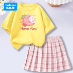 Kids' Summer School Outfit - Kawii Bunny & Strawberry T-Shirt Top + Plaid Skirt 2 Piece Set Fashion Girls Clothes