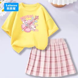 Kids' Summer School Outfit - Kawii Bunny & Strawberry T-Shirt Top + Plaid Skirt 2 Piece Set Fashion Girls Clothes