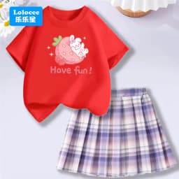 Kids' Summer School Outfit - Kawii Bunny & Strawberry T-Shirt Top + Plaid Skirt 2 Piece Set Fashion Girls Clothes