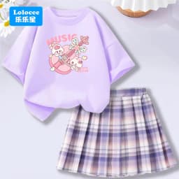 Kids' Summer School Outfit - Kawii Bunny & Strawberry T-Shirt Top + Plaid Skirt 2 Piece Set Fashion Girls Clothes