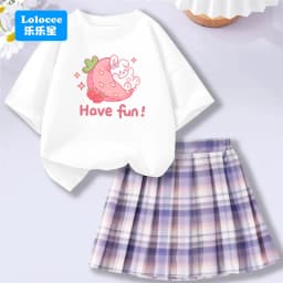 Kids' Summer School Outfit - Kawii Bunny & Strawberry T-Shirt Top + Plaid Skirt 2 Piece Set Fashion Girls Clothes