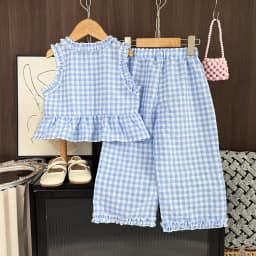 Blue and White Grid Fresh Casual Girls' Clothing Lace Sleeveless Single Breasted Vest+wide Leg Pants Two-piece Set for Summer
